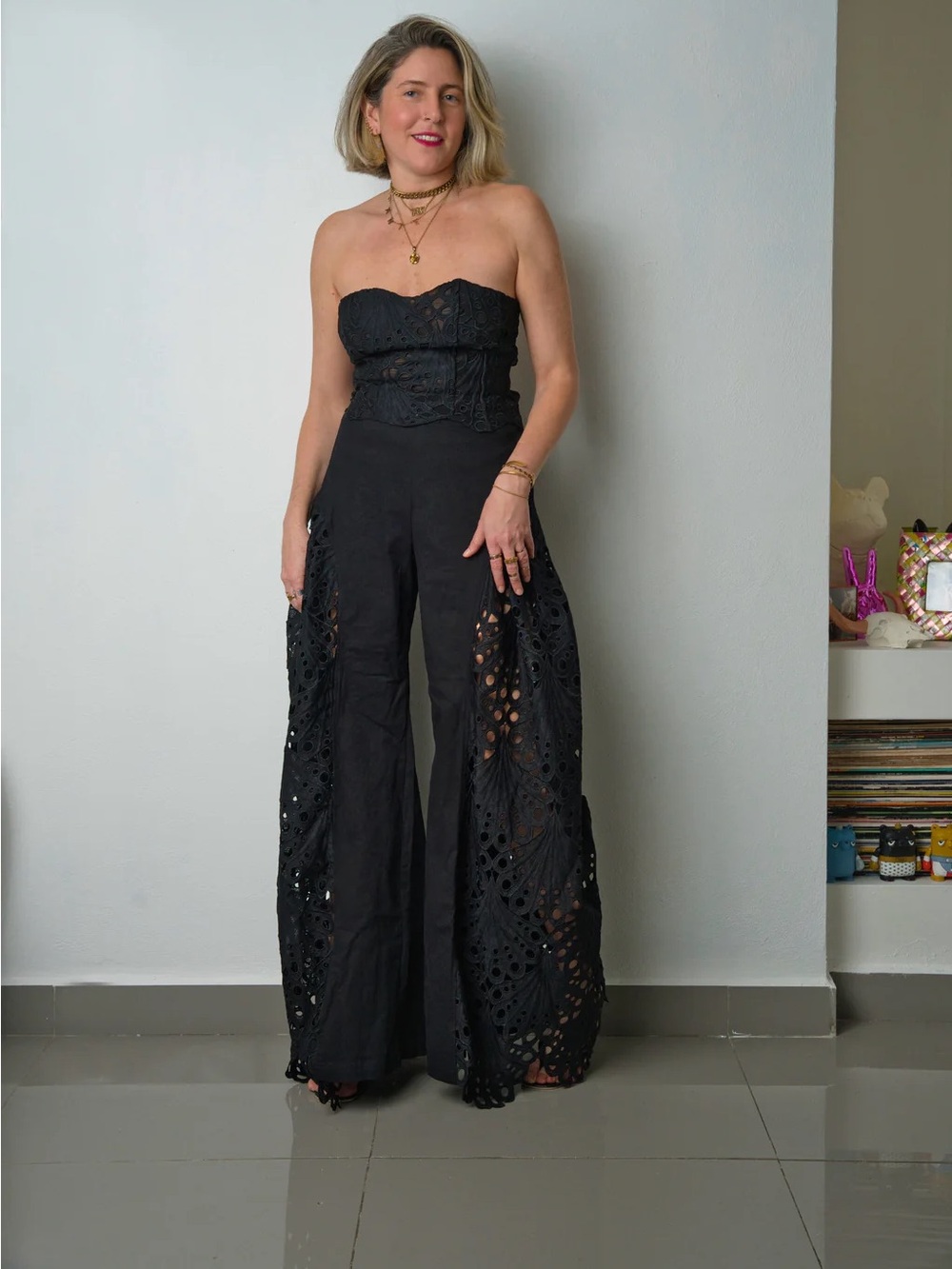 Strapless Black Crochet Wide-Leg Jumpsuit - Picture 5 of 12